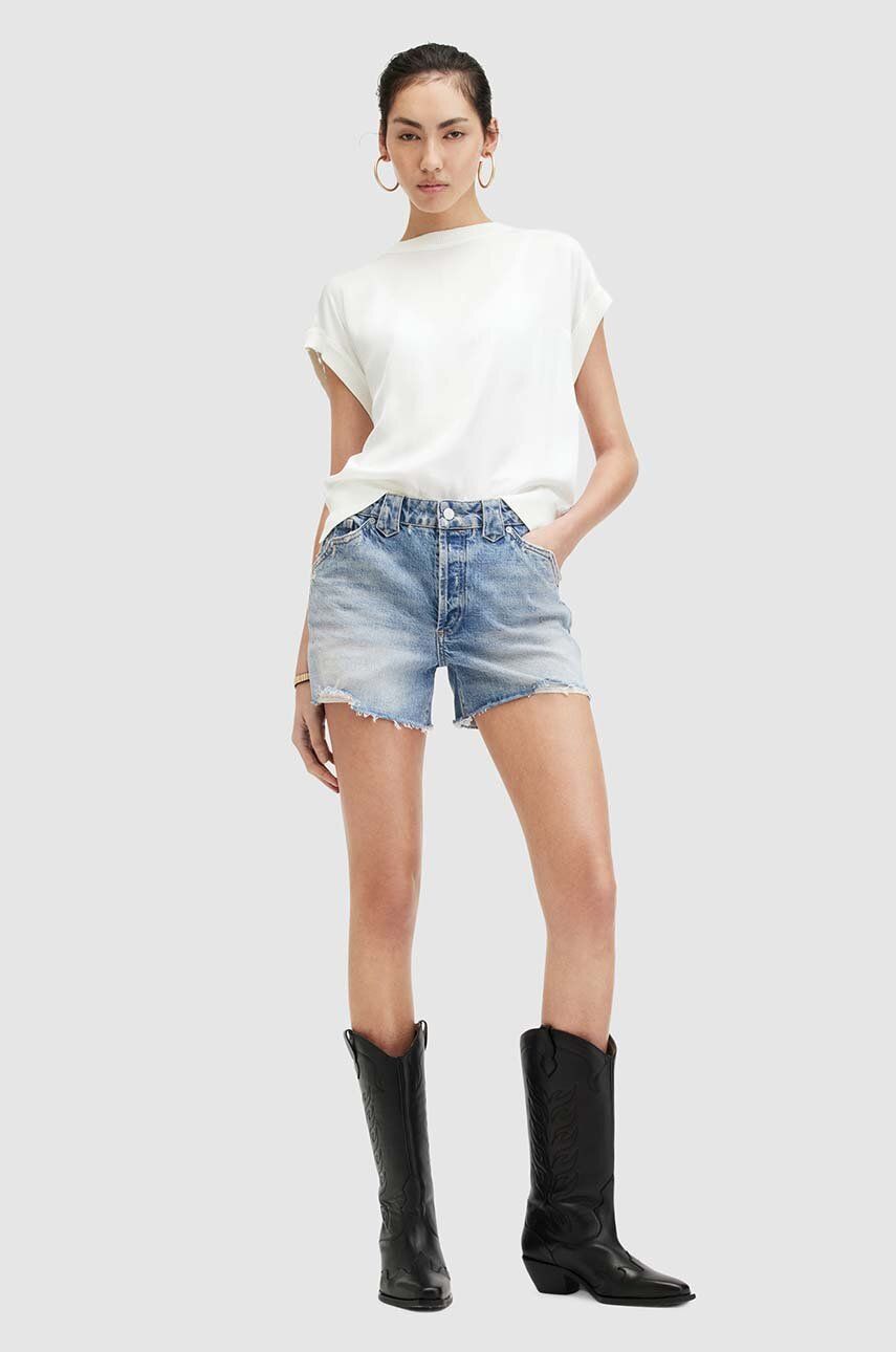 Rifľové krátke nohavice AllSaints IDAHO WESTERN SHORT dámske, jednofarebné, stredne vysoký pás, WE516Z