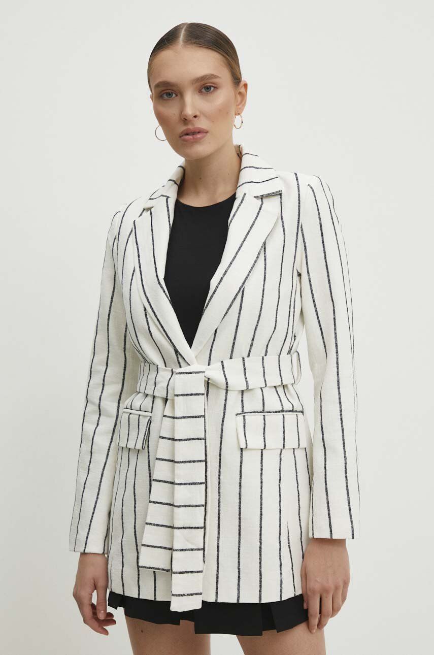 Ľanové sako Answear Lab biela farba, jednoradová, vzorovaná