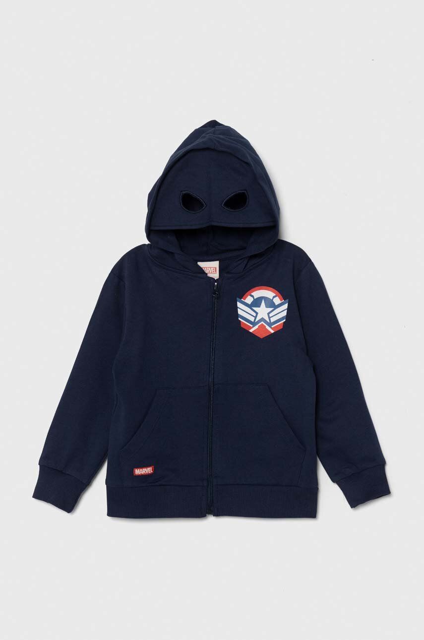 Detská bavlnená mikina zippy tmavomodrá farba, s kapucňou, s potlačou