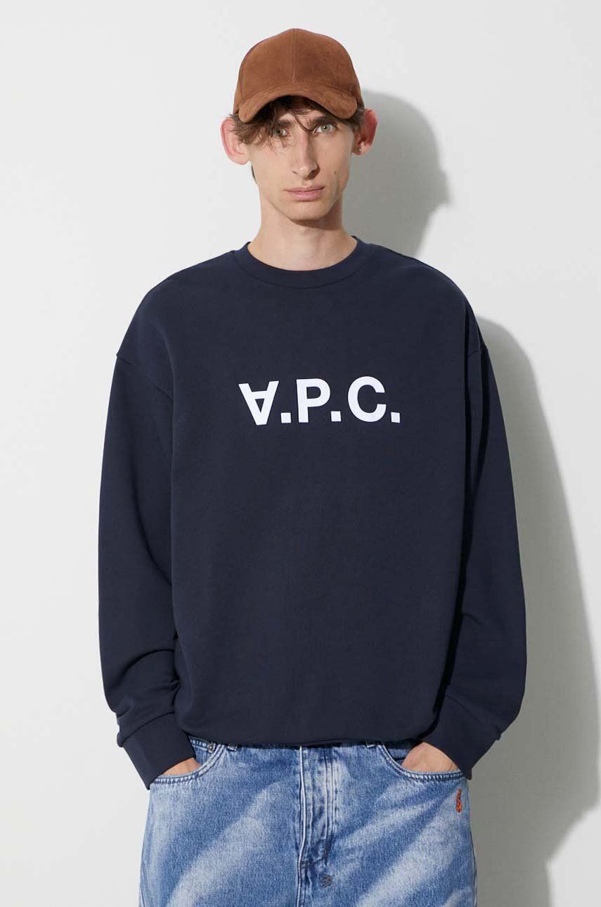 Bavlnená mikina A.P.C. pánska, tmavomodrá farba, s nášivkou