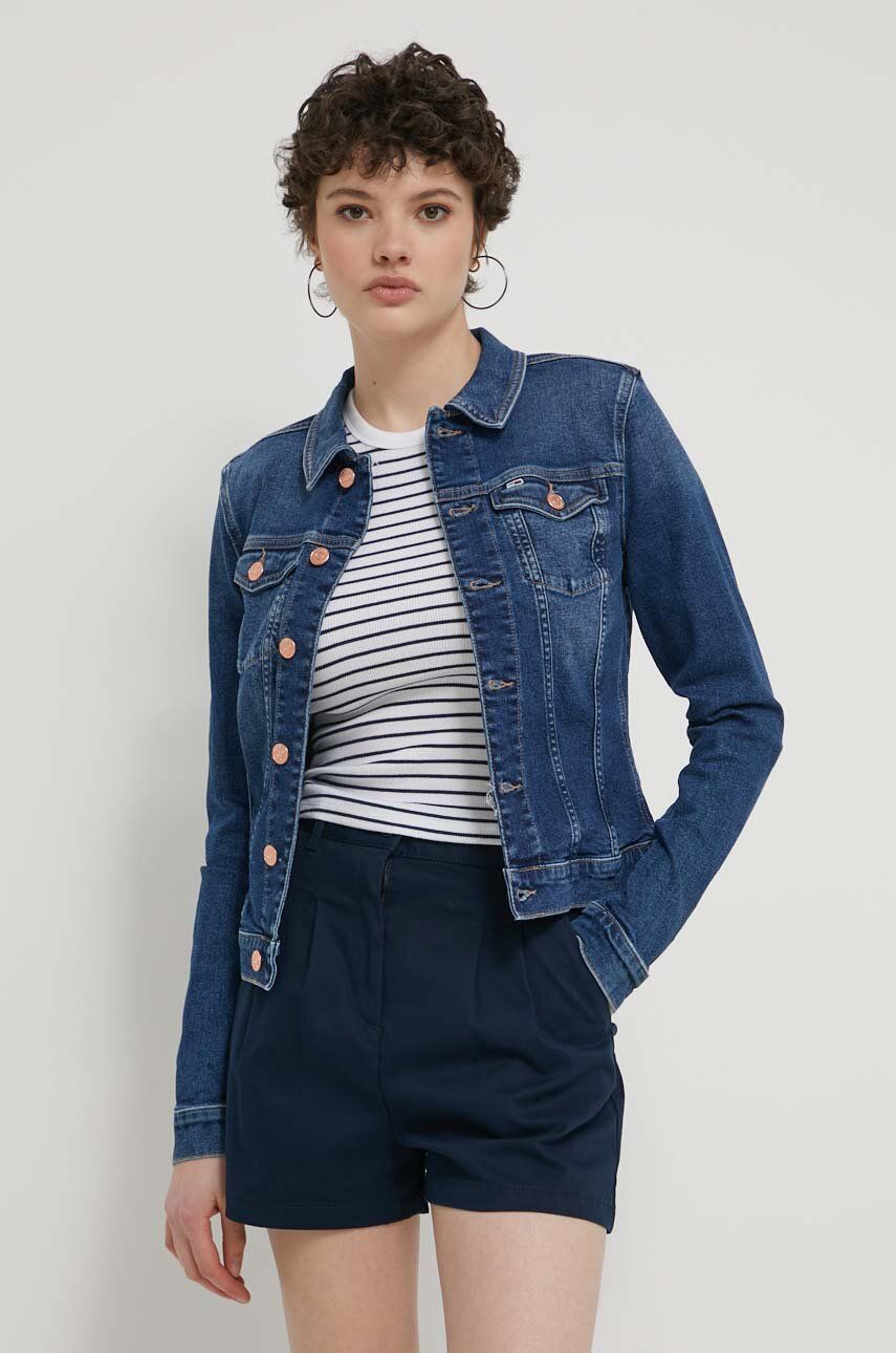 Rifľová bunda Tommy Jeans dámska, tmavomodrá farba, prechodná, DW0DW17959