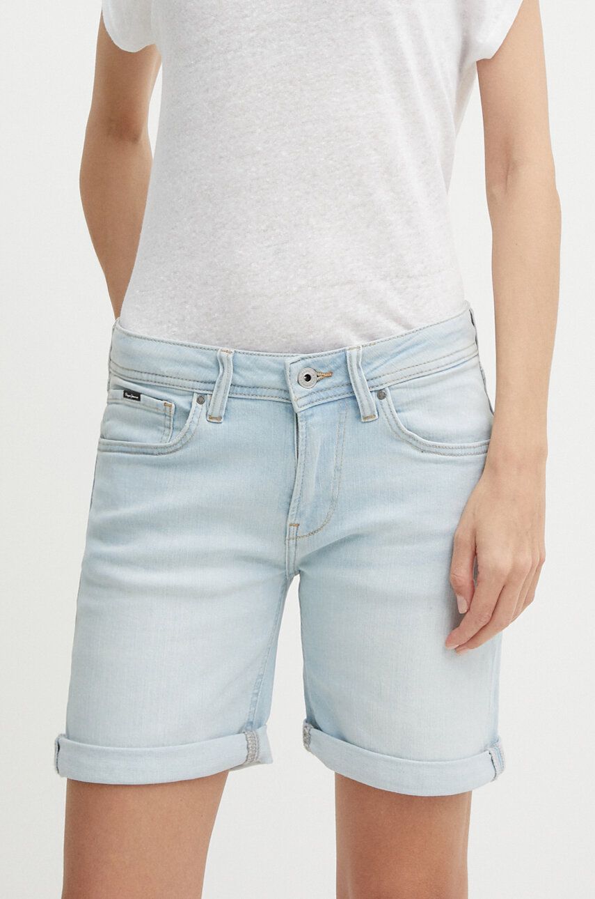Rifľové krátke nohavice Pepe Jeans SLIM SHORT MW dámske, jednofarebné, stredne vysoký pás, PL801120RH6