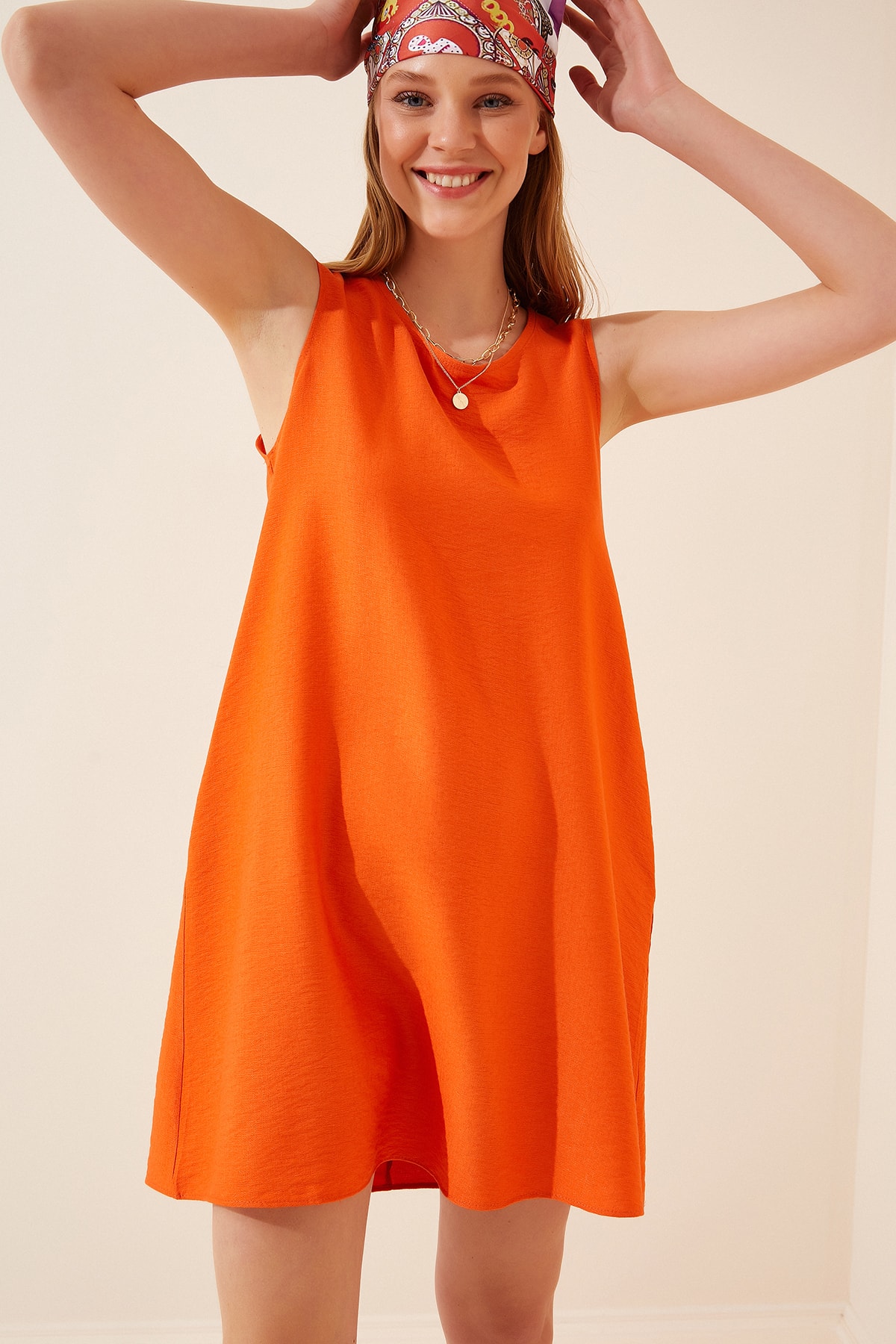 Happiness İstanbul Women's Brick Sleeveless Linen Viscose A-Line Dress