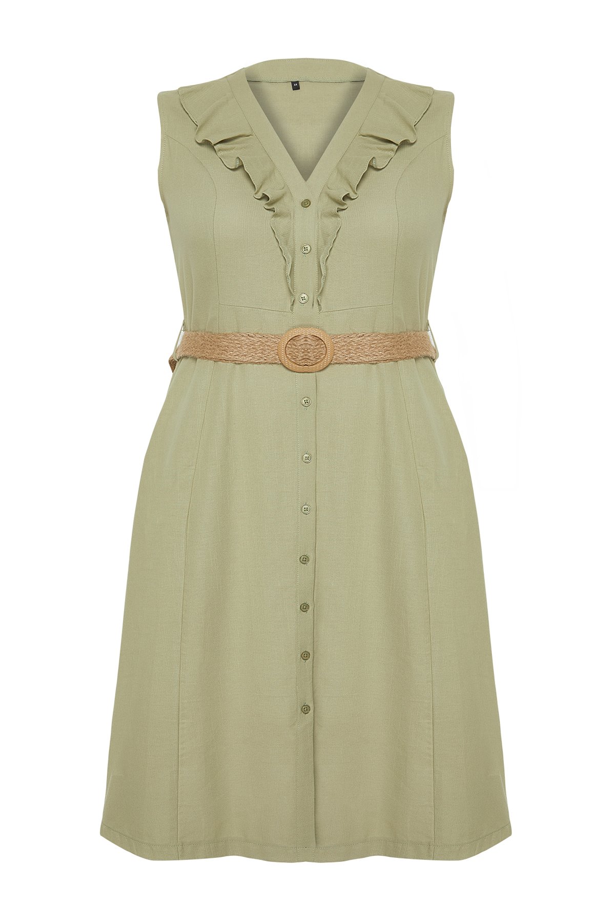 Trendyol Curve Green Straw Belt Woven Dress