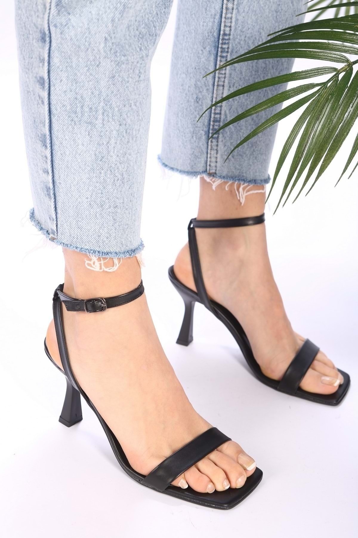 Shoeberry Women's Venna Black Skin Single Band Heeled Shoes