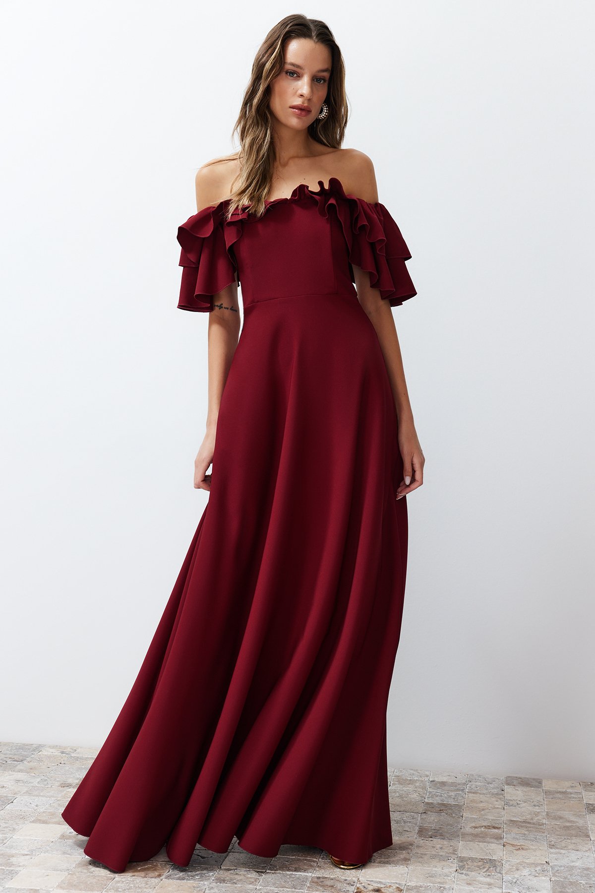 Trendyol Burgundy Waist Opening/Skater Woven Flounce Long Evening Evening Dress