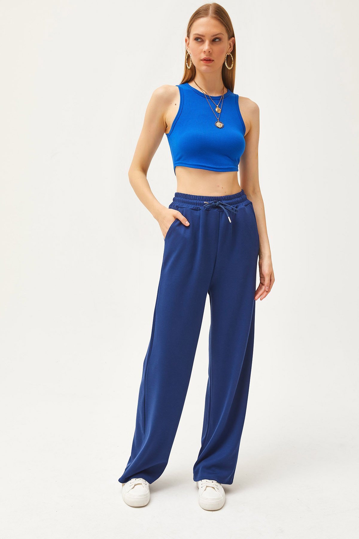 Olalook Women's Navy Blue Pocket Soft Textured Modal Palazzo Sweatpants ESF-0000068