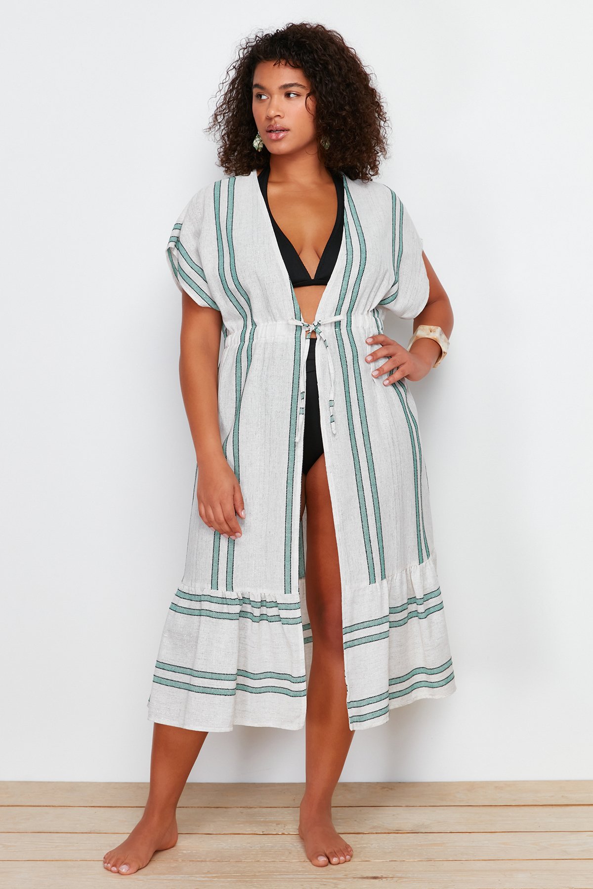 Trendyol Curve Beige Elastic Waist Gathered Woven Dress