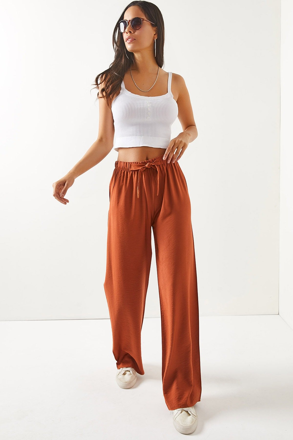 Olalook Women's Onion Skin Belted Elastic Waist Palazzo Ayrobin Trousers