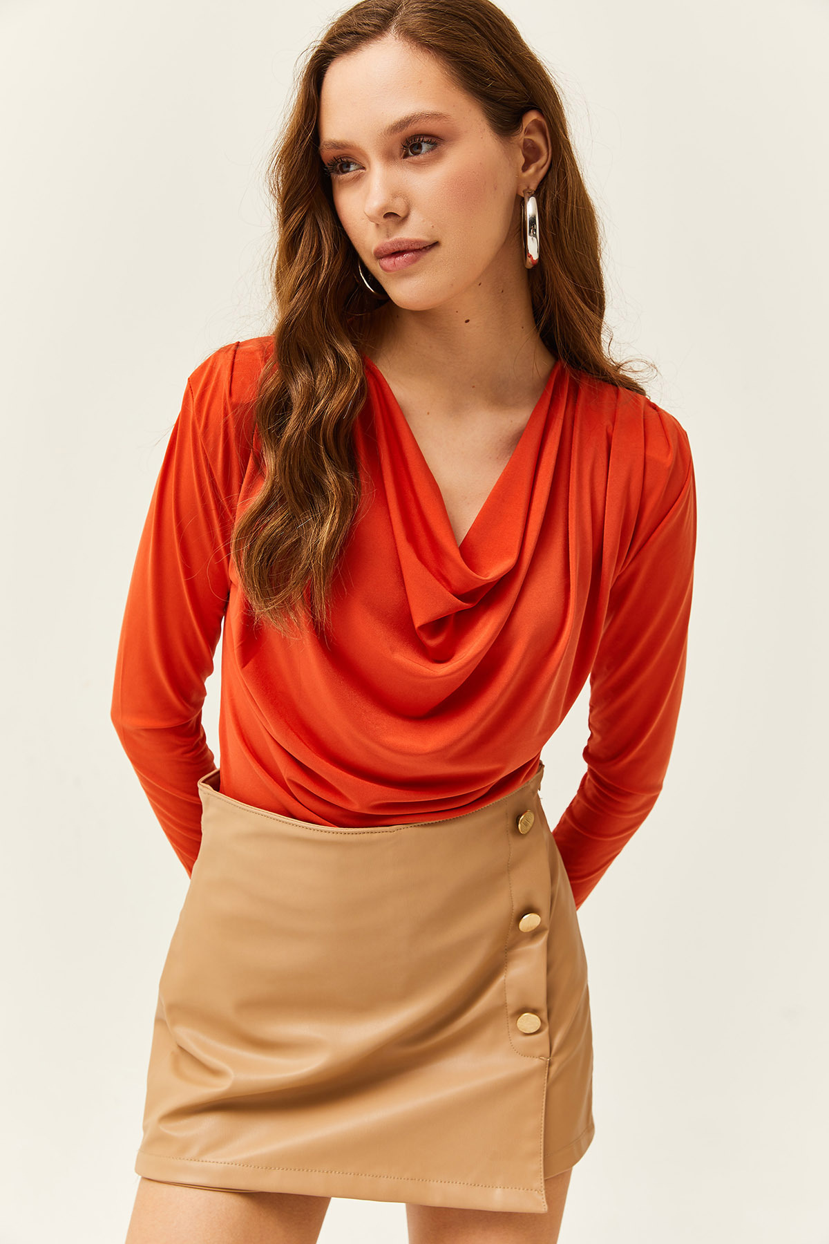 Olalook Women's Orange Padded Pleated Collar Blouse