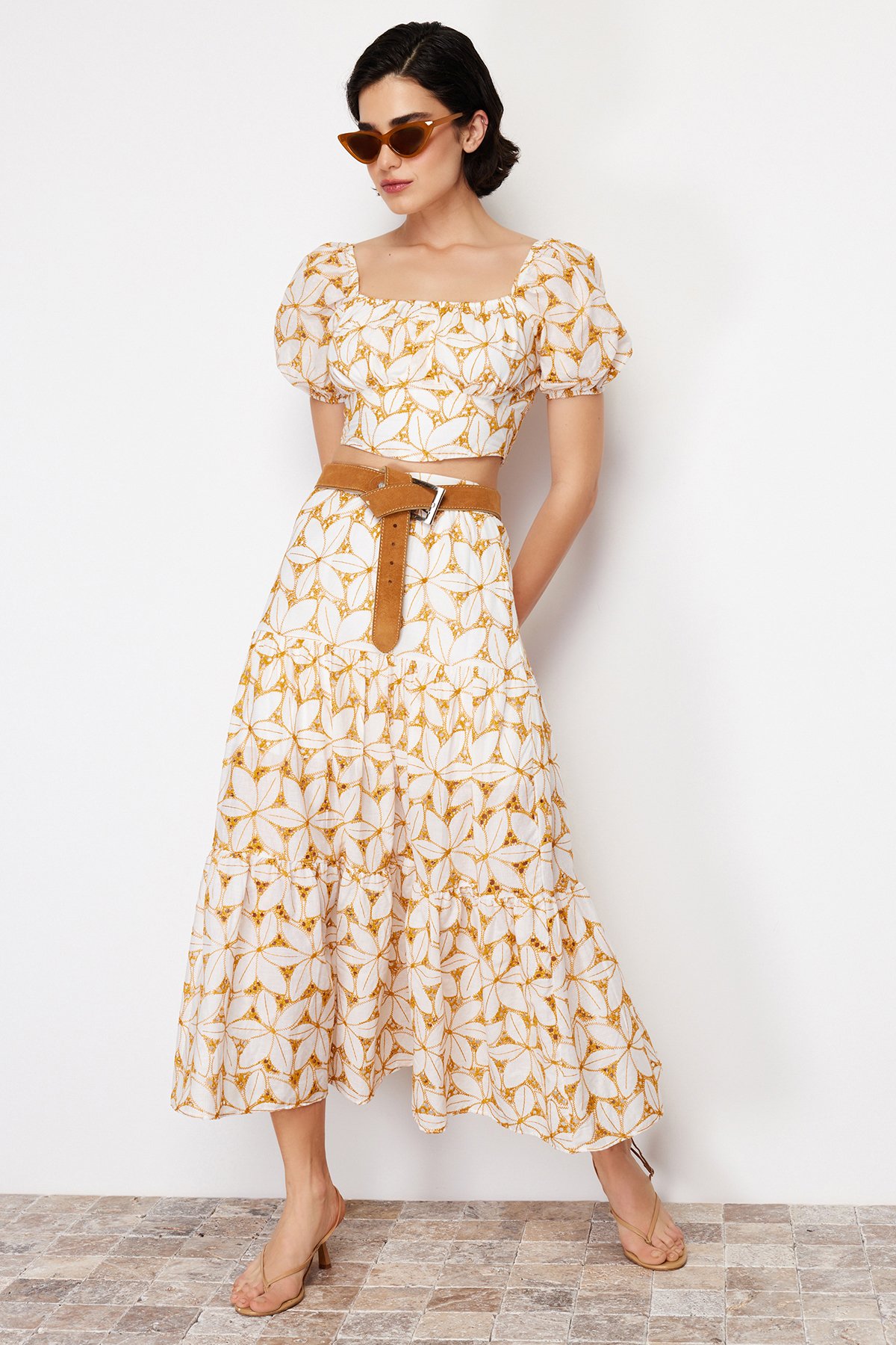 Trendyol Beige Brode and Embroidery Detailed Flared Length Woven Skirt