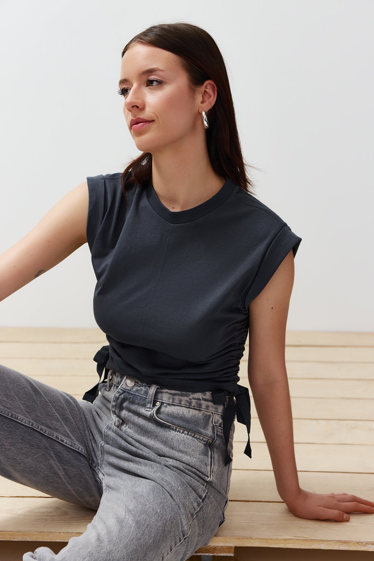 Trendyol Anthracite 100% Cotton Gathered Detail Crop Bat Sleeve Knitted T-Shirt