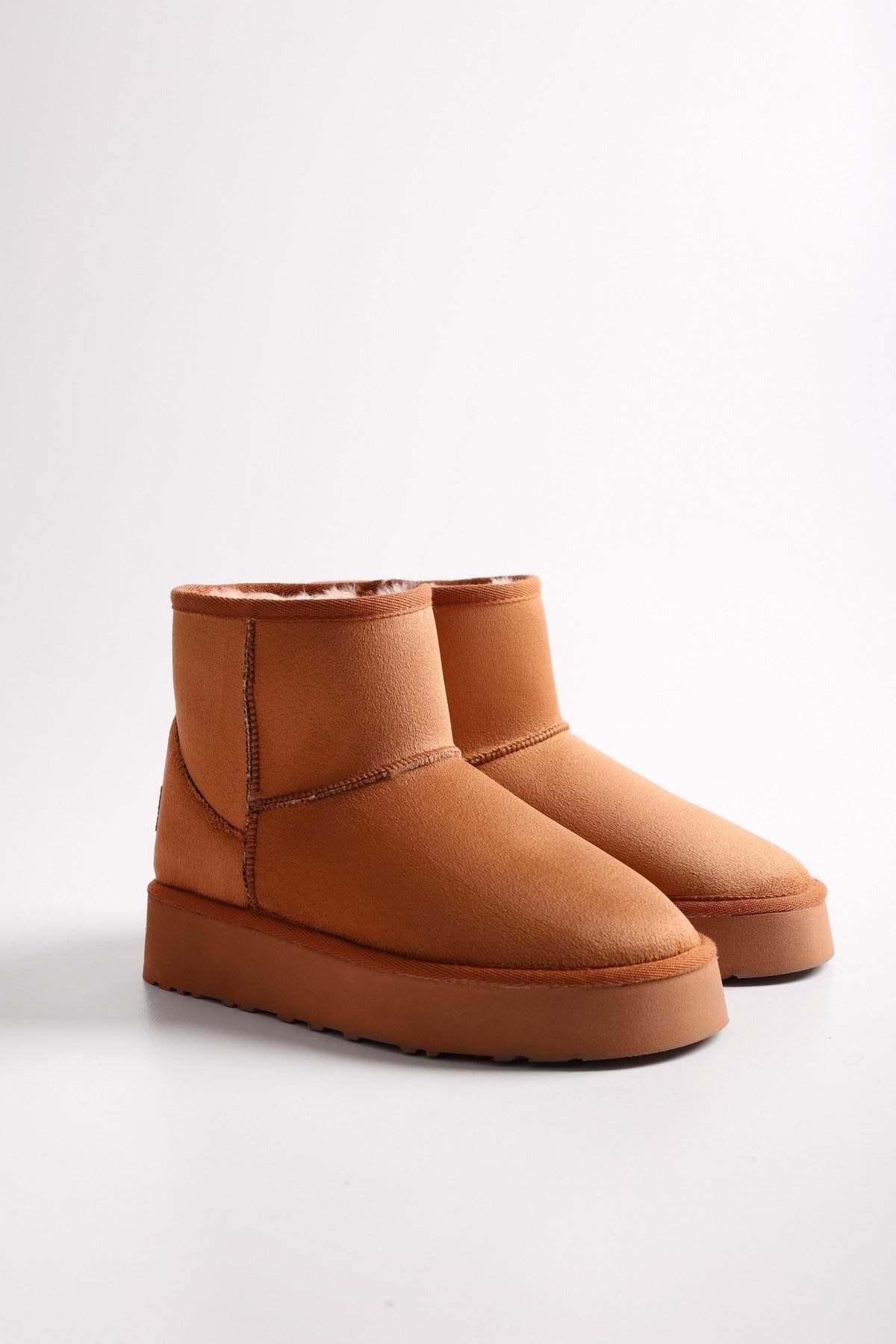Shoeberry Women's Uggy Tabagus Short Suede Boots with Pile Inside Taba Tekstil.
