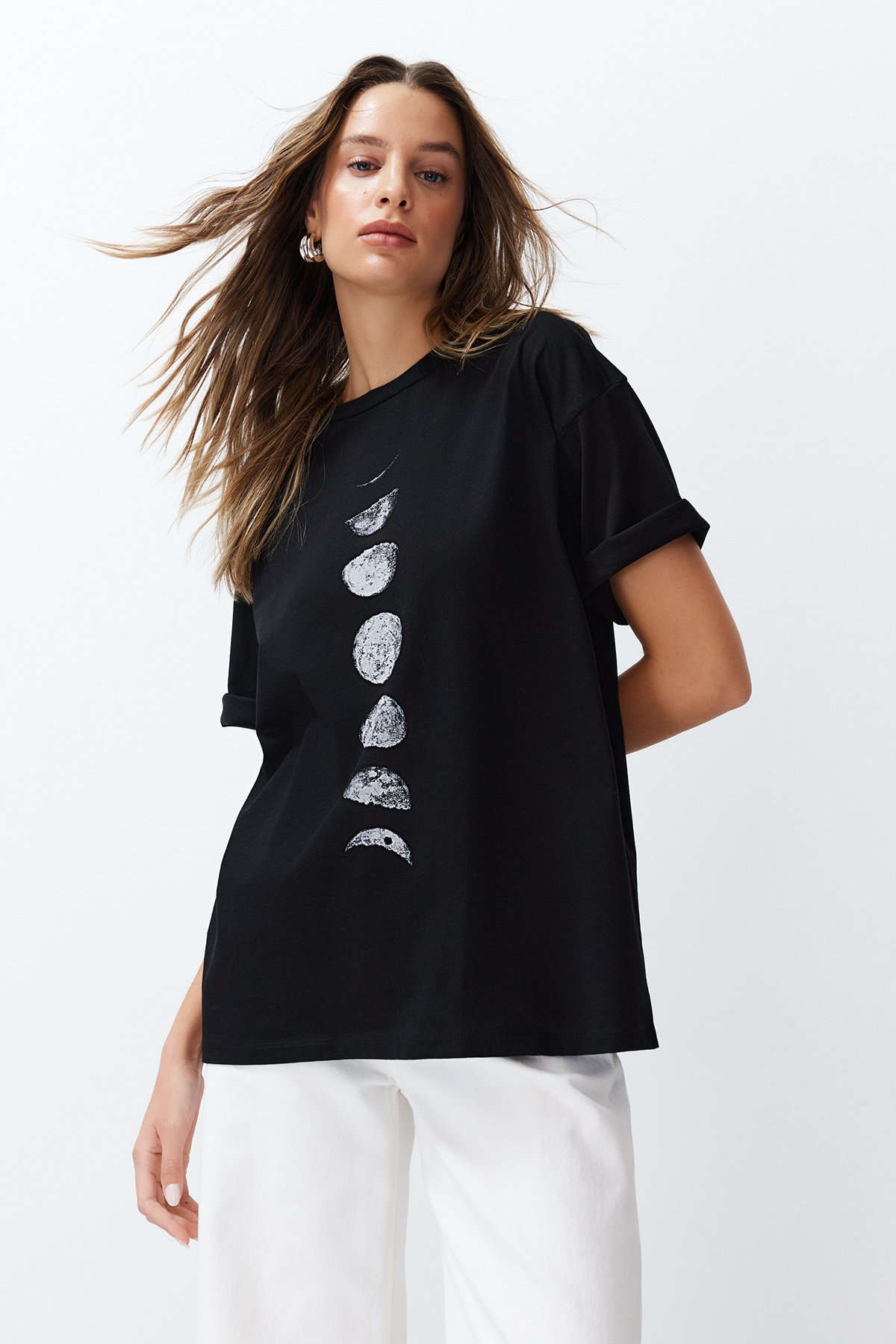 Trendyol Black 100% Cotton Planet Print Oversize/Wide Knit T-Shirt