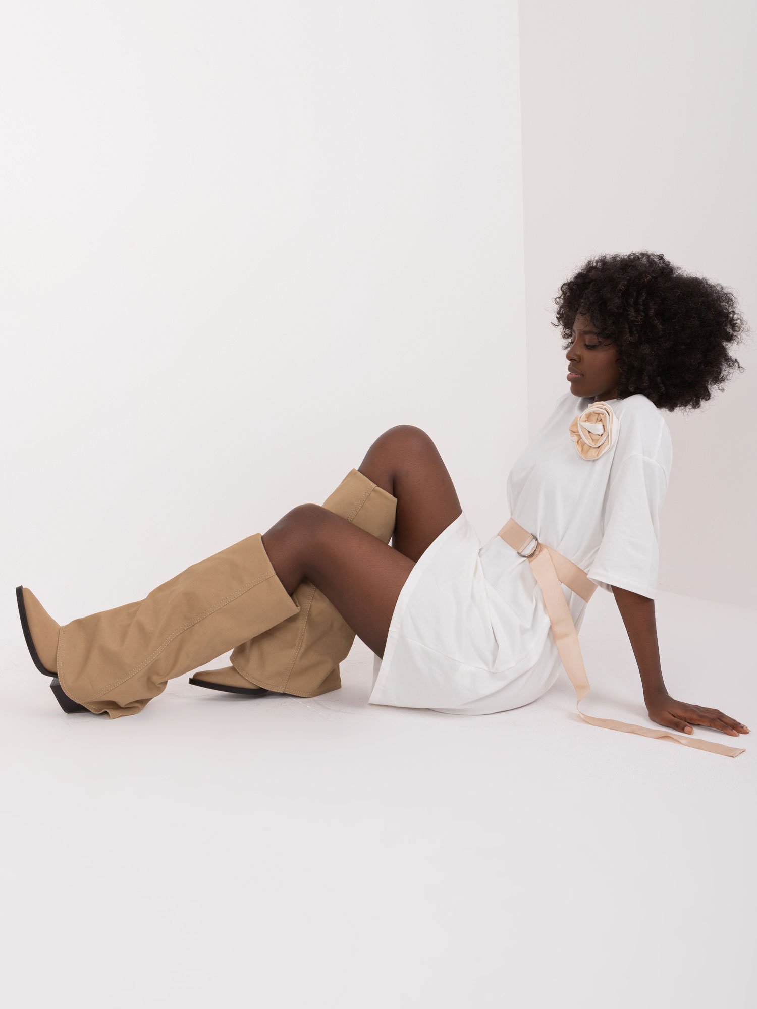 Ecru Mini T-shirt Dress With Belt