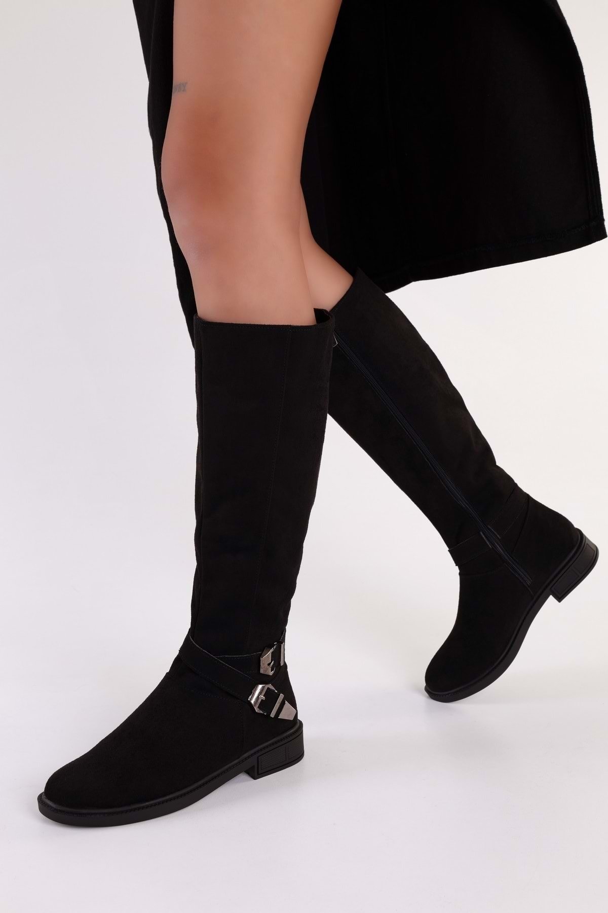 Shoeberry Women's Steele Black Suede Buckle Flat Heel Boots Black Suede