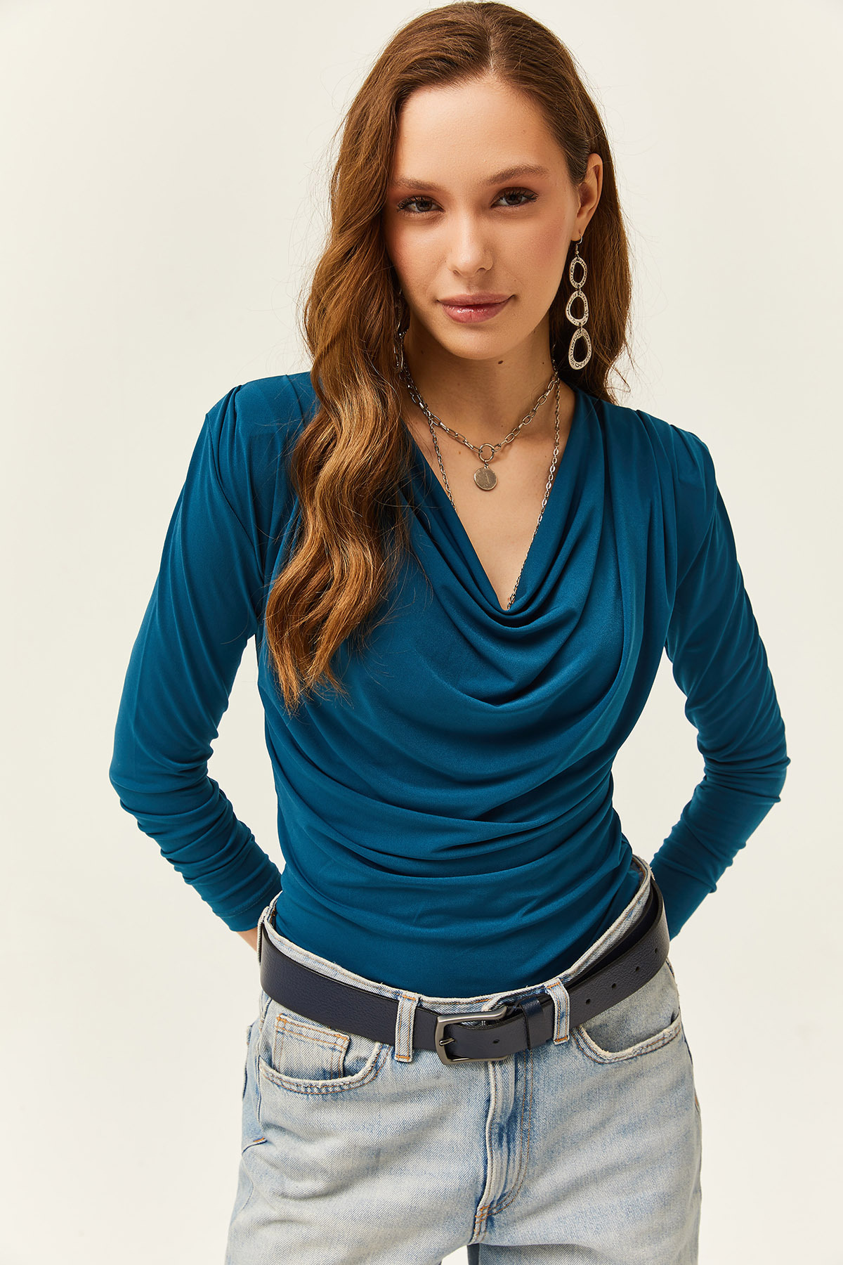 Olalook Women's Petrol Blue Padded Pleated Collar Blouse