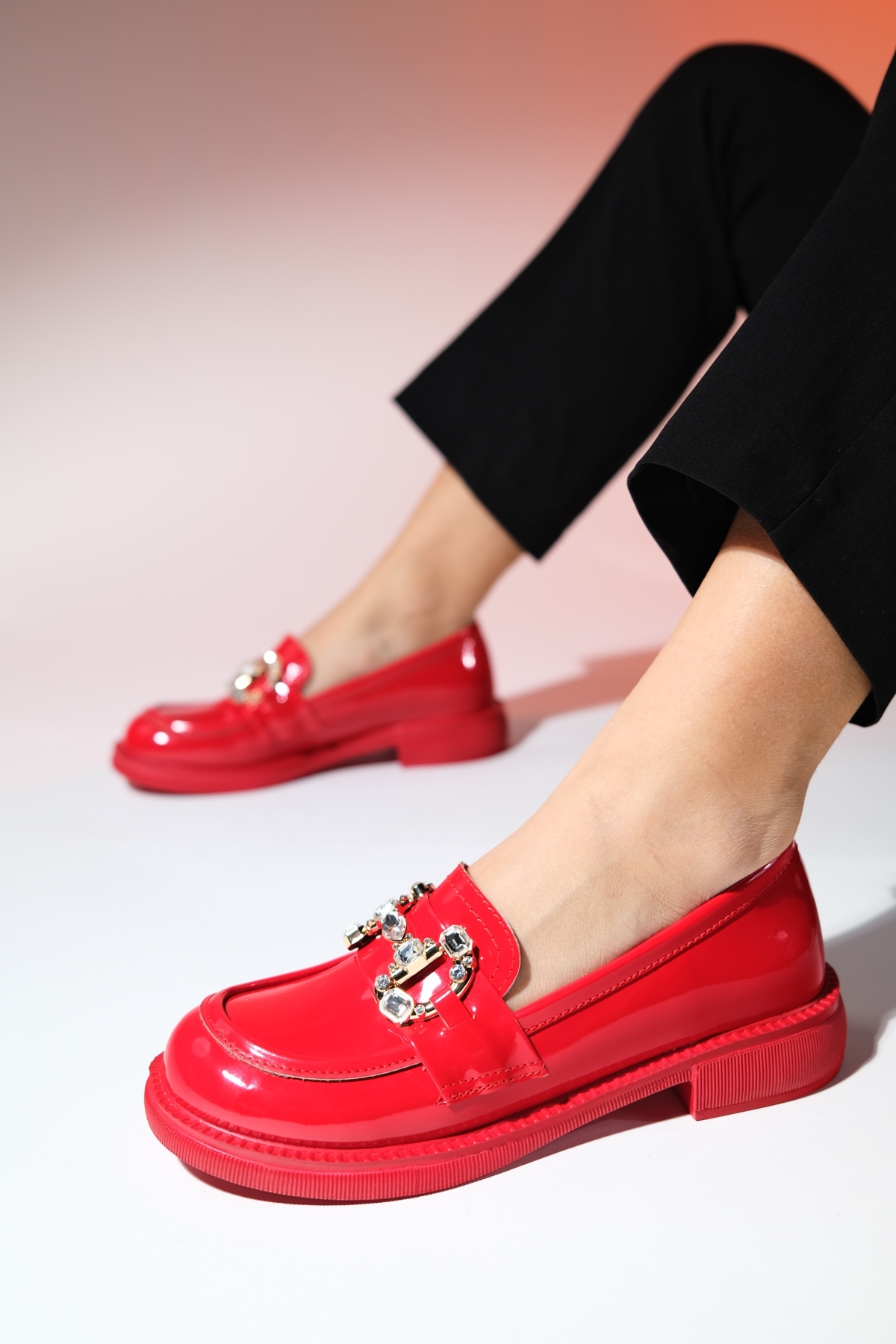 LuviShoes NORMAN Red Patent Leather Stone Buckle Women's Loafer Shoes