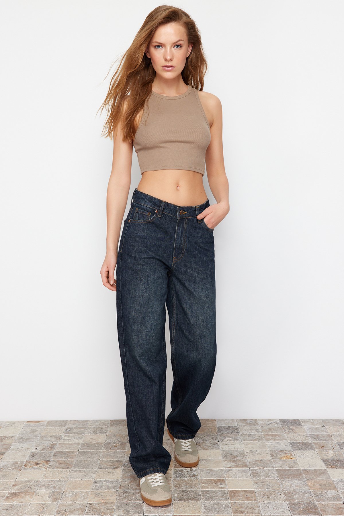 Trendyol Navy Blue High Waist Wide Leg Jeans