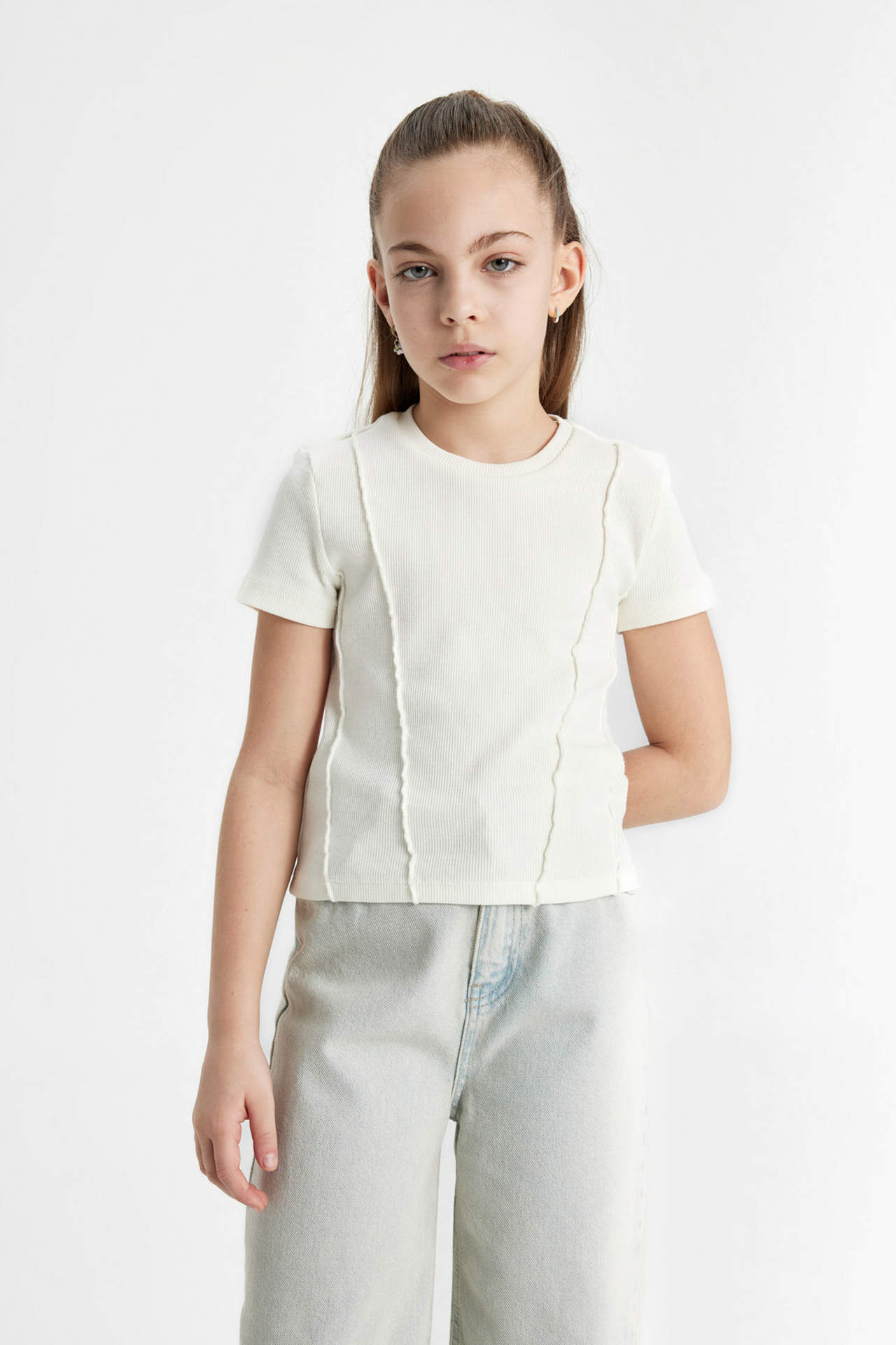 DEFACTO Girl Slim Fit Ribbed Short Sleeve T-Shirt
