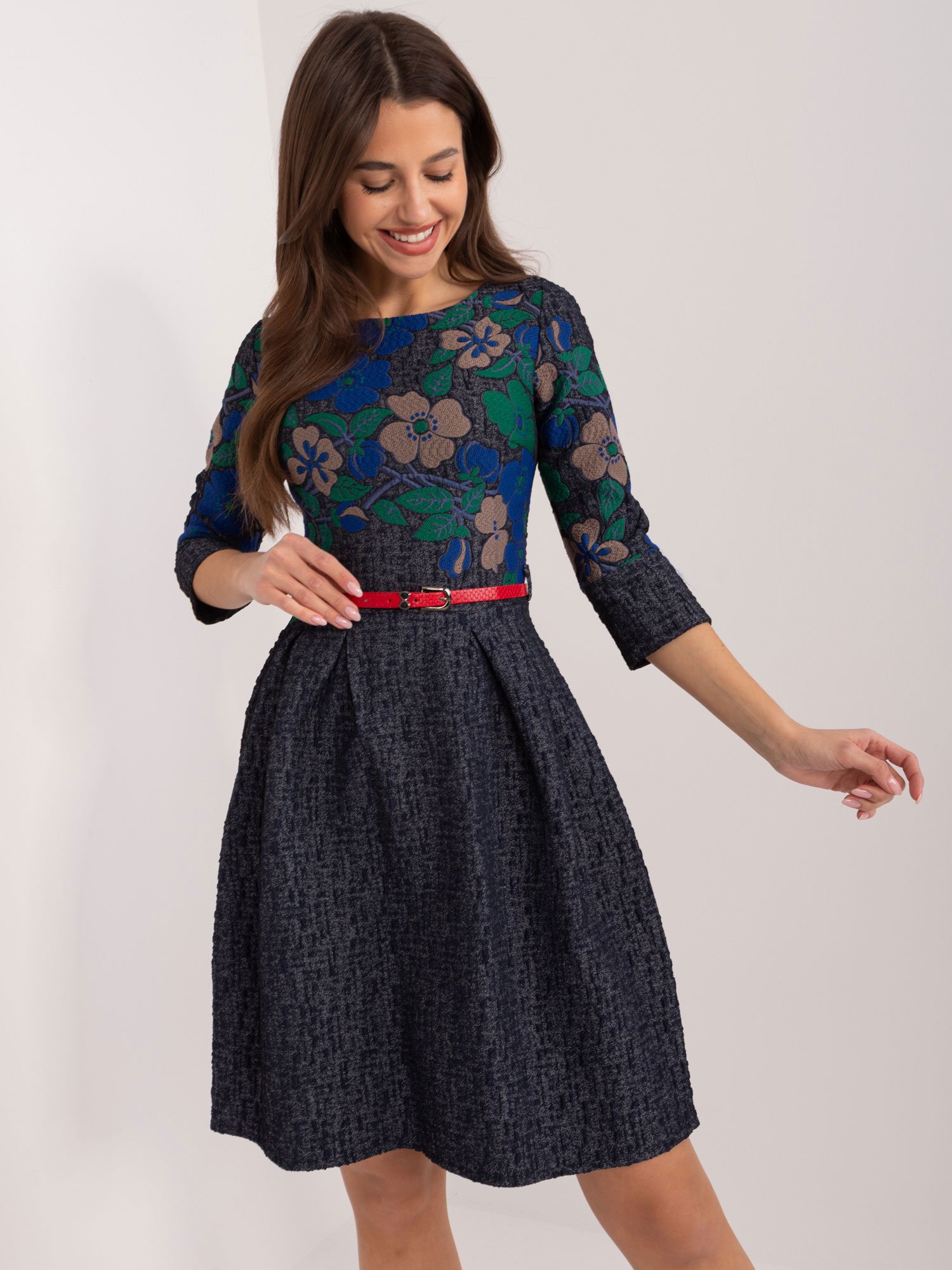 Navy blue and green cocktail dress with belt