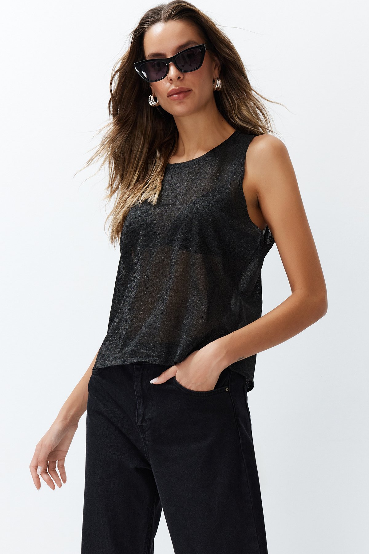 Trendyol Black Transparent Detailed Thin Knitwear Blouse