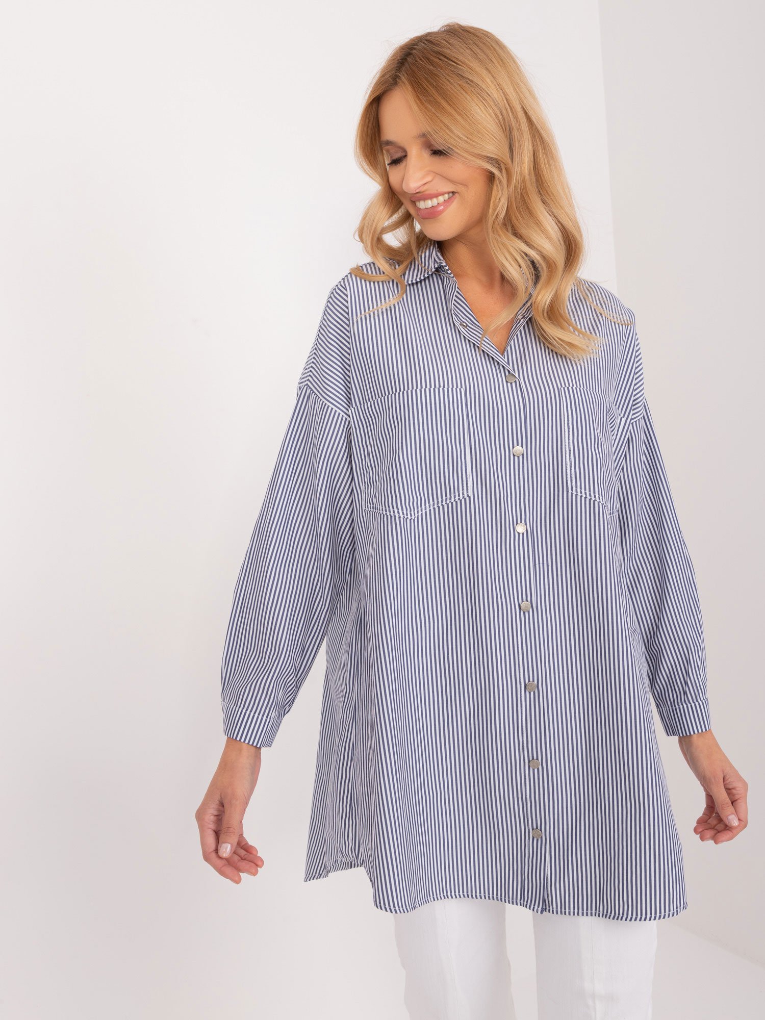 Navy blue and white long shirt with collar