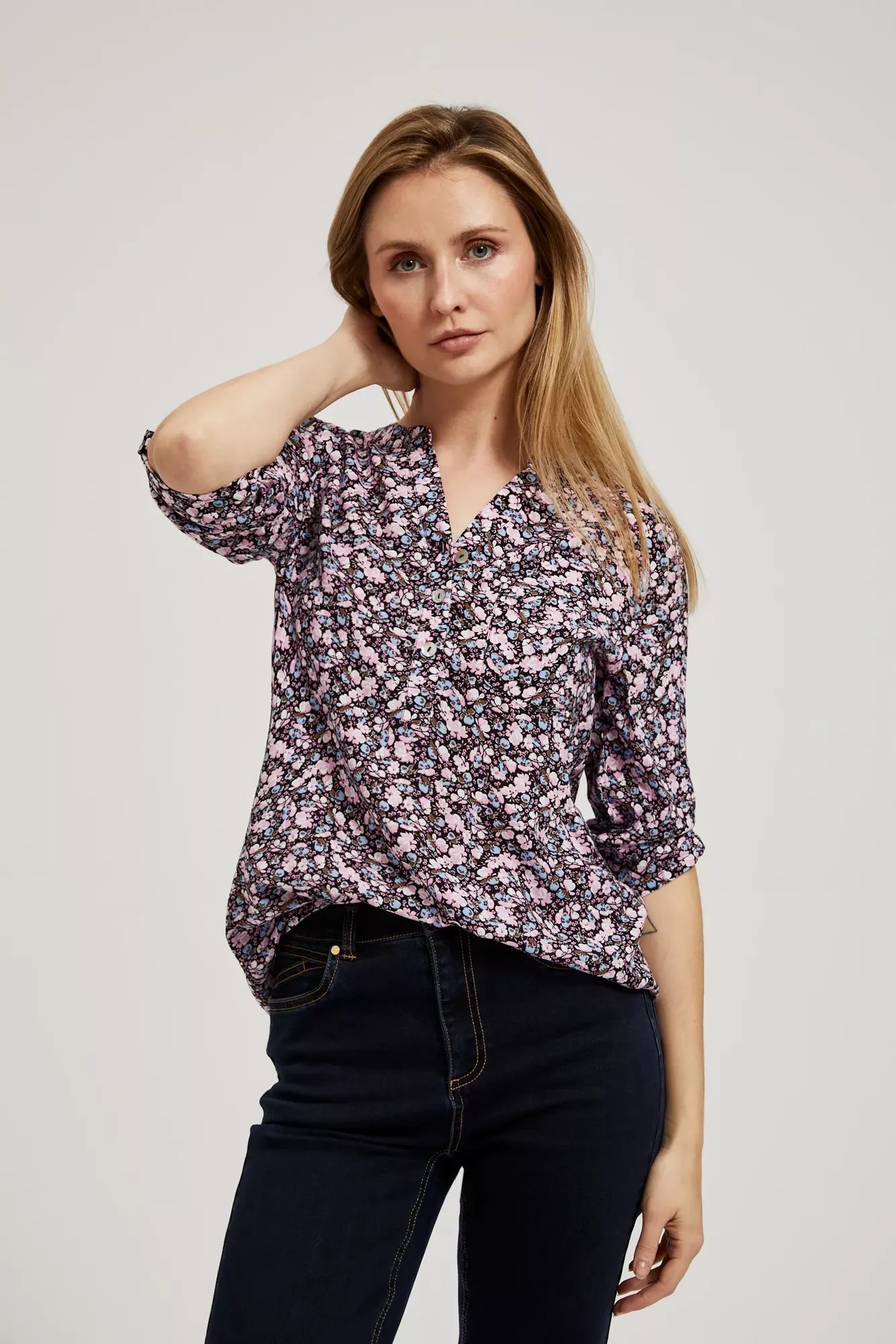 Women's blouse MOODO - navy blue, floral pattern