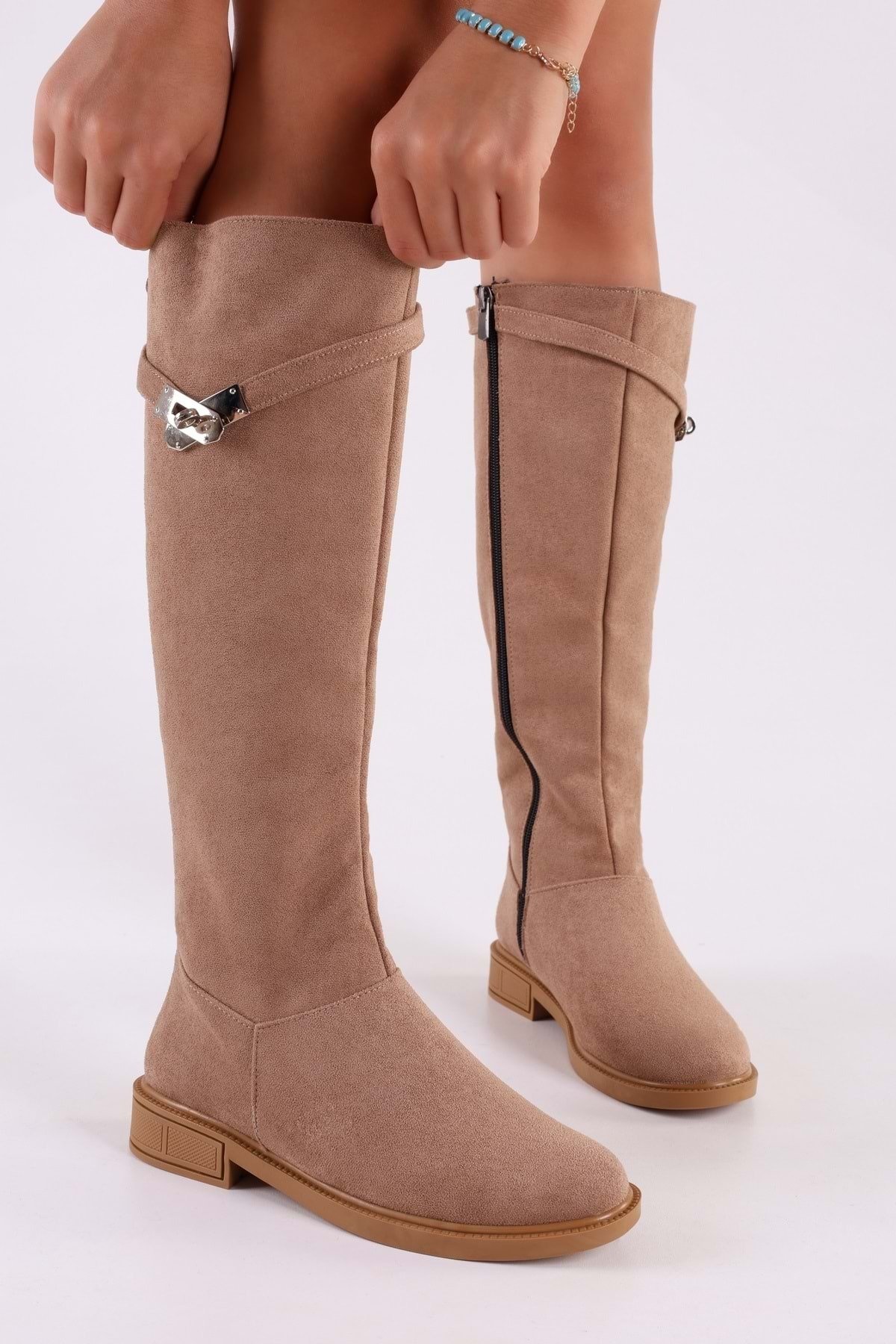 Shoeberry Women's Titanium Mink Suede Buckle Flat Heeled Boots Mink Suede