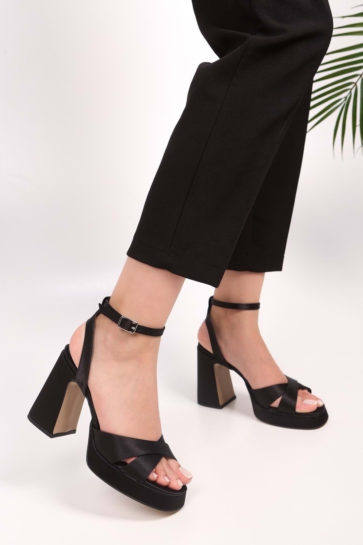 Shoeberry Women's Zea Black Satin Platform Heels