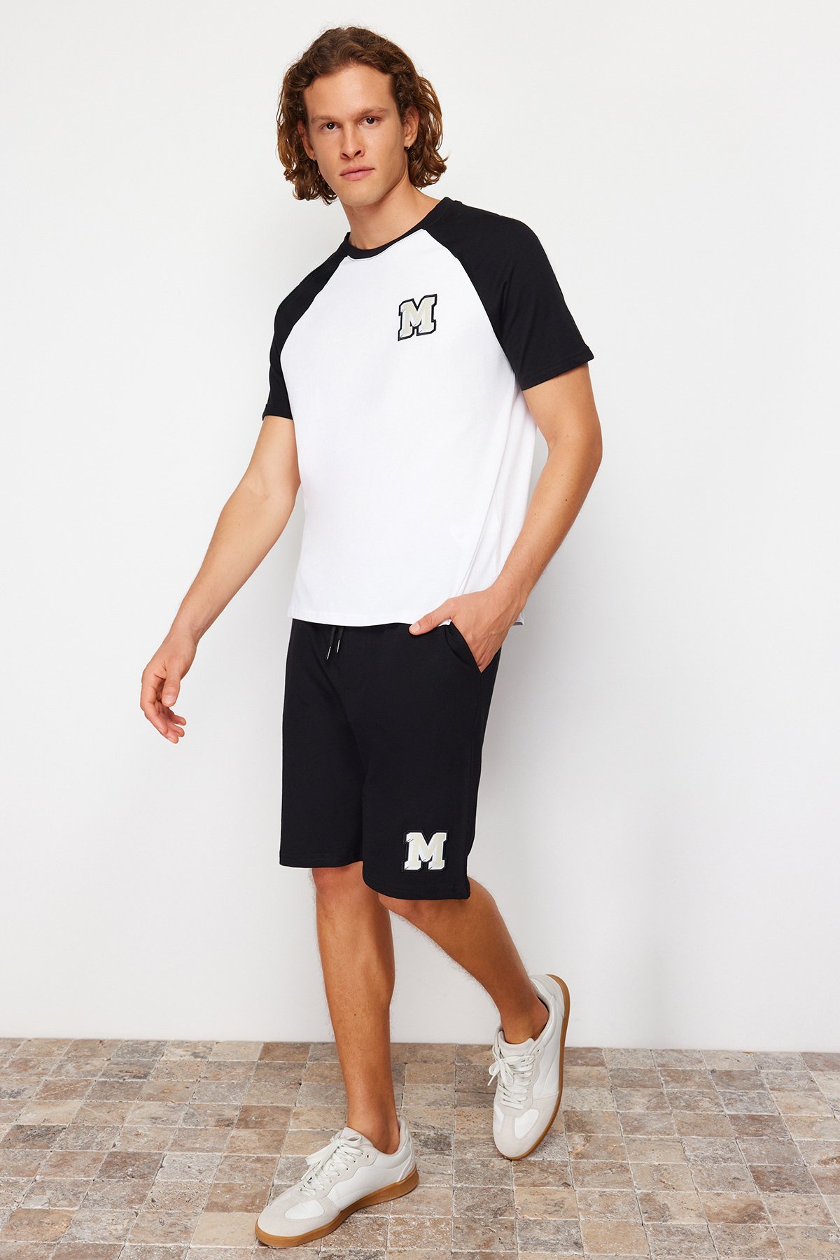 Trendyol Black and White Embroidered Raglan Sleeve Knitted Pajamas Set