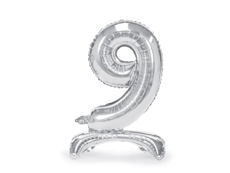 PartyDeco Samostojací fóliový balón 9 strieborný 70 cm