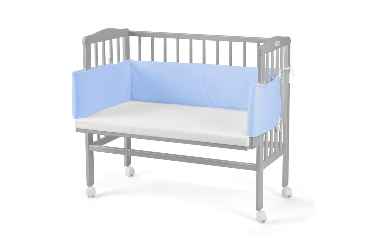 Expedo Prístavná postieľka 2 v 1 s matracom a mantinelom MANULIA 3, 45/58x85/79x94, sivá/modrá