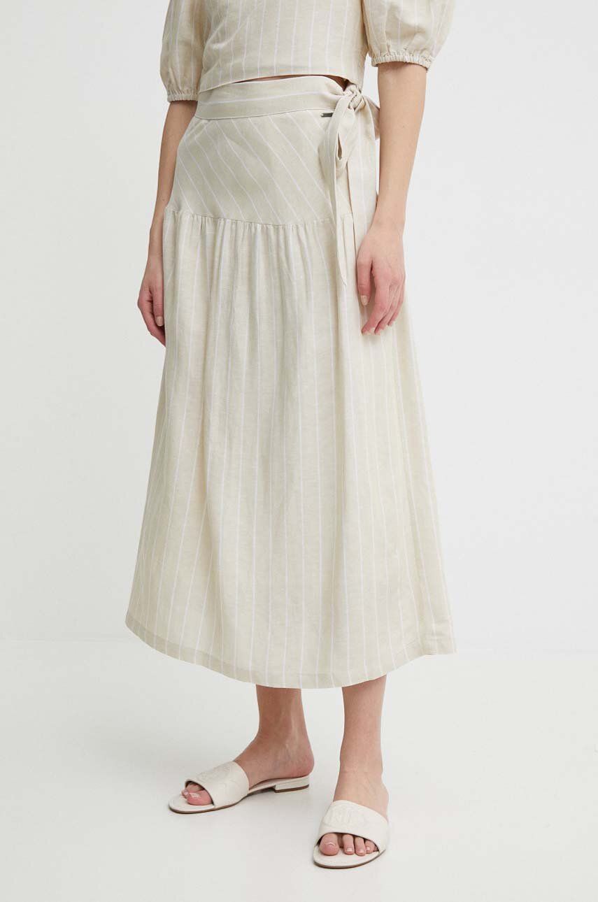 Ľanová sukňa Pepe Jeans EFFIE béžová farba, midi, áčkový strih, PL901125