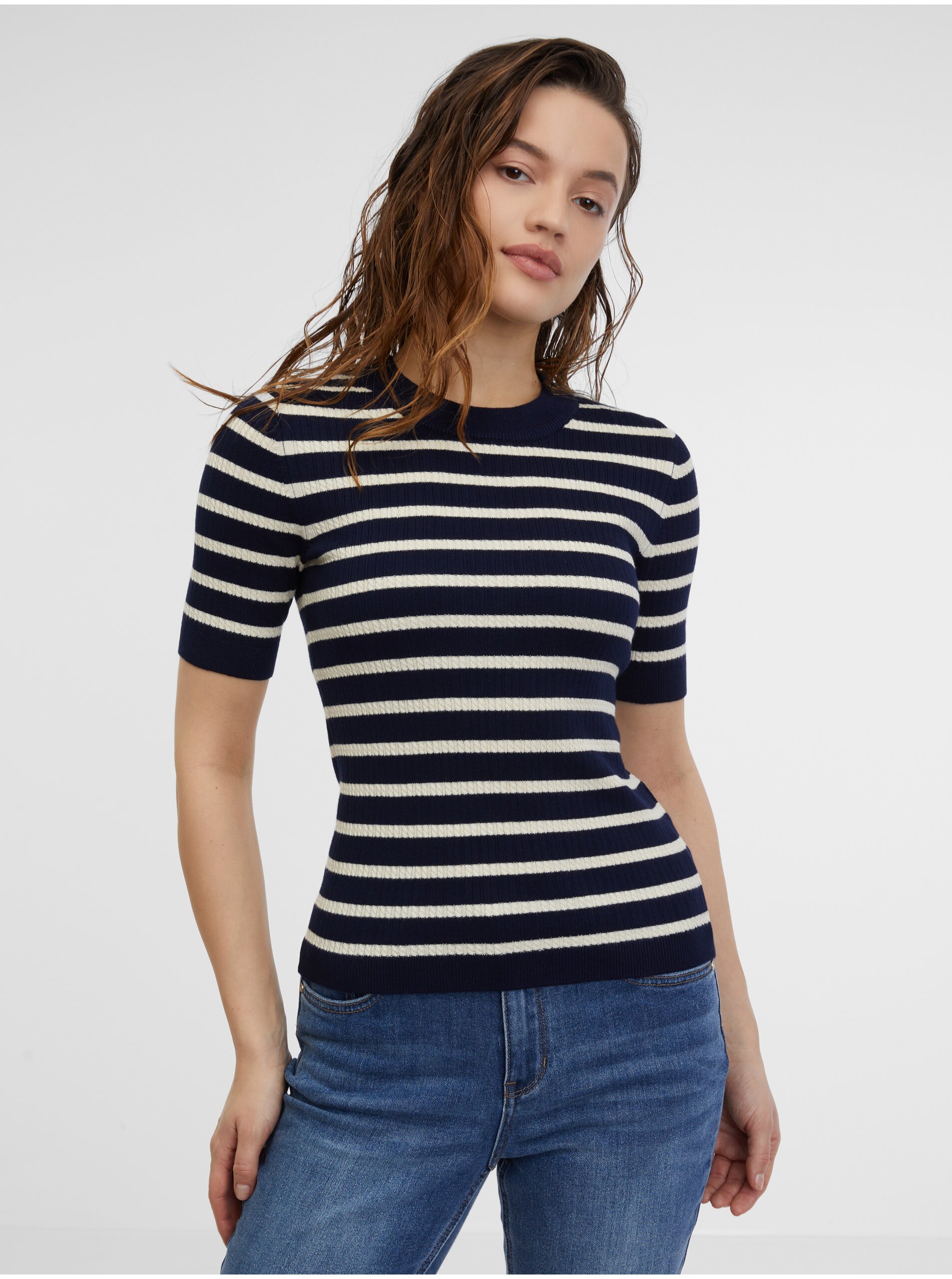 Tmavomodrý dámsky pruhovaný úpletový top ORSAY
