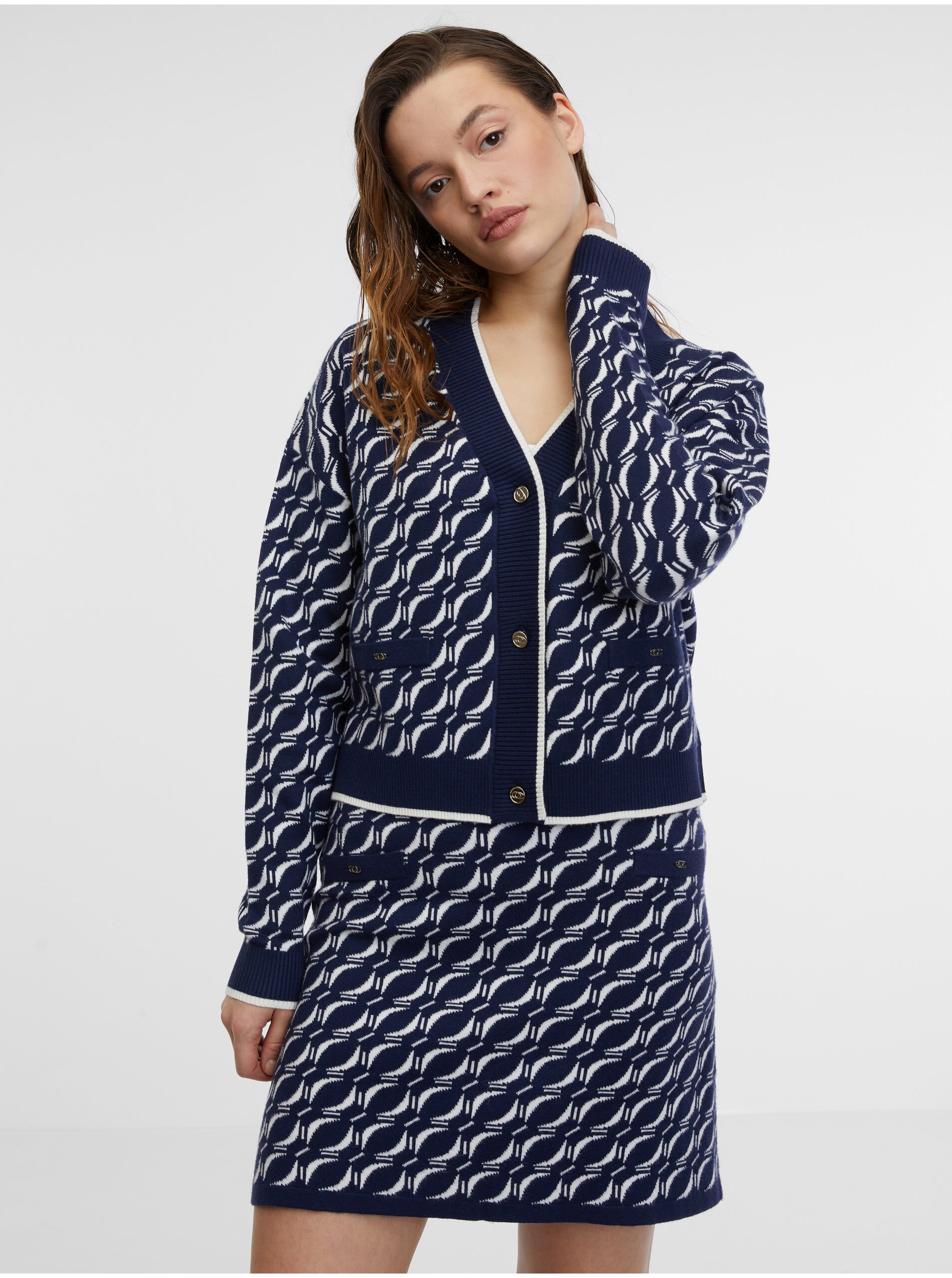 Tmavomodrý dámsky vzorovaný kardigan ORSAY
