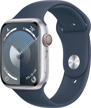 Apple Watch Series 9 45 mm Cellular Strieborný hliník s búrkovo modrým športovým remienkom – S/M