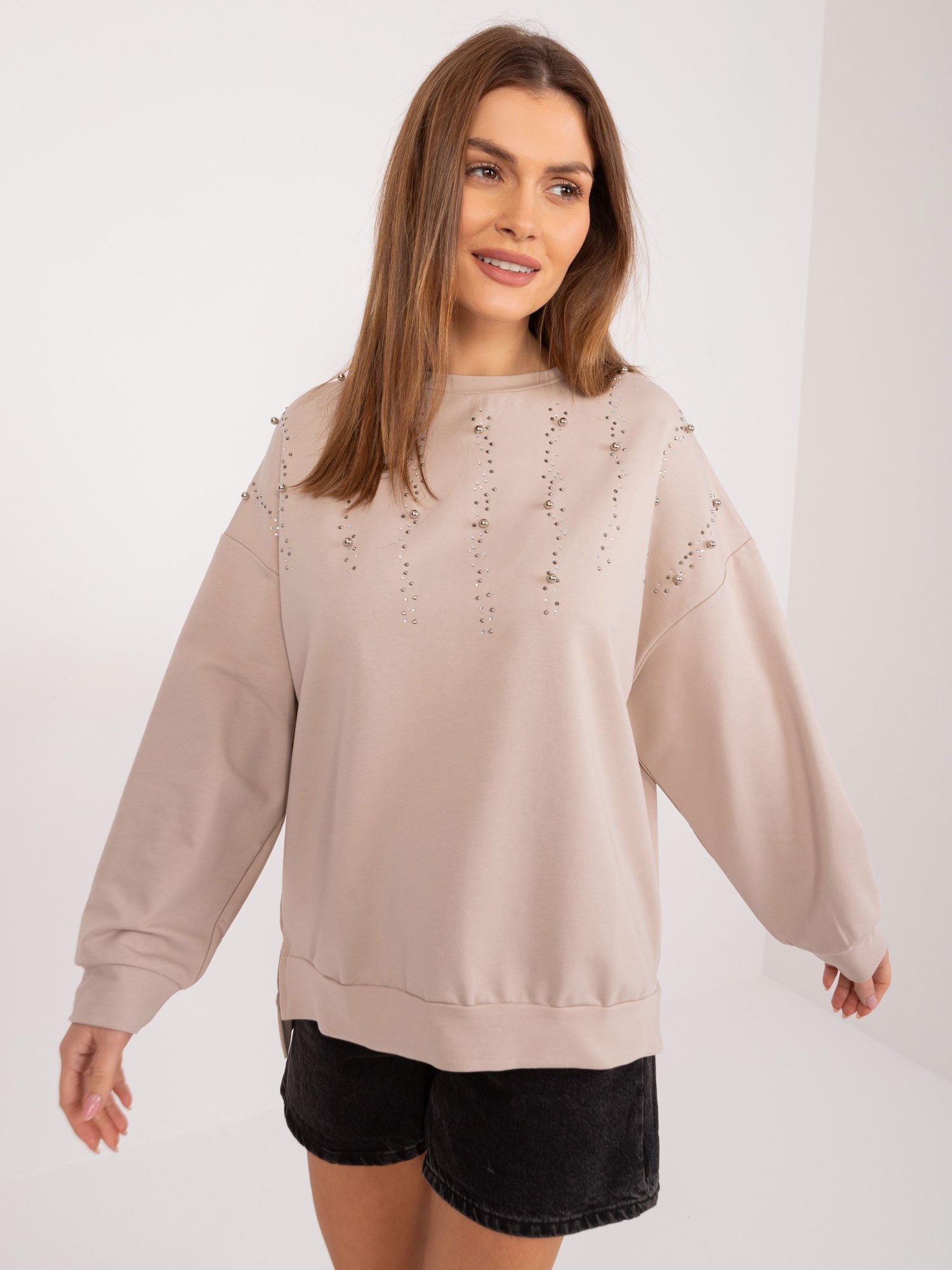 Beige hooded sweatshirt with slits