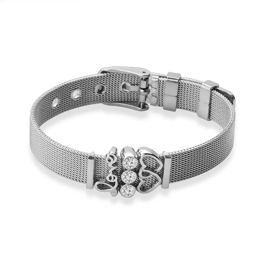 Sieťovaný náramok z 316L ocele v striebornej farbe, prepojené srdiečka, zirkóny a nápis