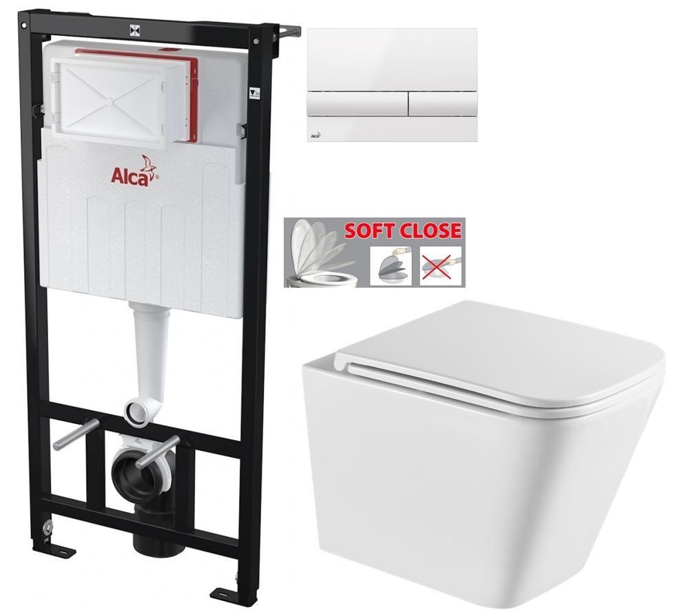 ALCADRAIN Sádromodul - predstenový inštalačný systém s bielym tlačidlom M1710 + WC INVENA FLORINA WITH SOFT se sedlem RIMLESS AM101/1120 M1710 FL1