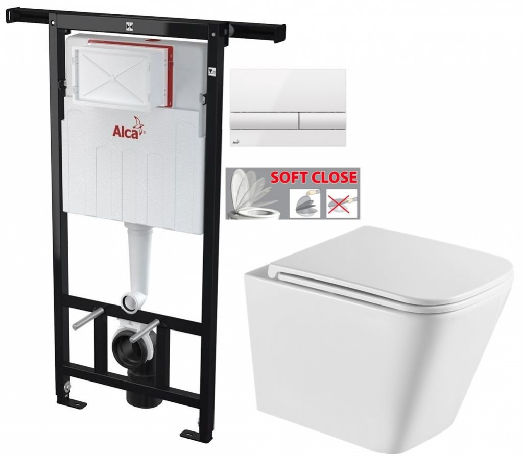 ALCADRAIN Jádromodul - predstenový inštalačný systém s bielym tlačidlom M1710 + WC INVENA FLORINA WITH SOFT se sedlem RIMLESS AM102/1120 M1710 FL1