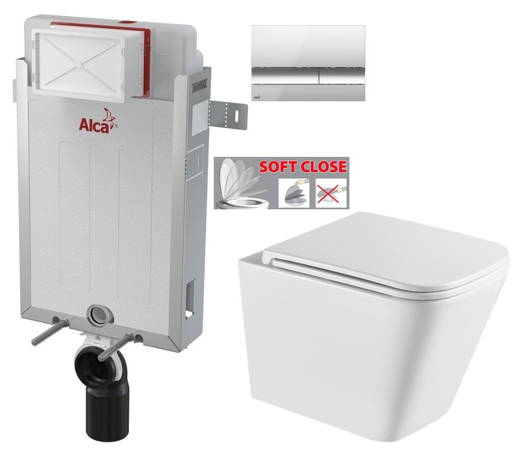 ALCADRAIN Renovmodul - predstenový inštalačný systém s chrómovým tlačidlom M1721 + WC INVENA FLORINA WITH SOFT se sedlem RIMLESS AM115/1000 M1721 FL1