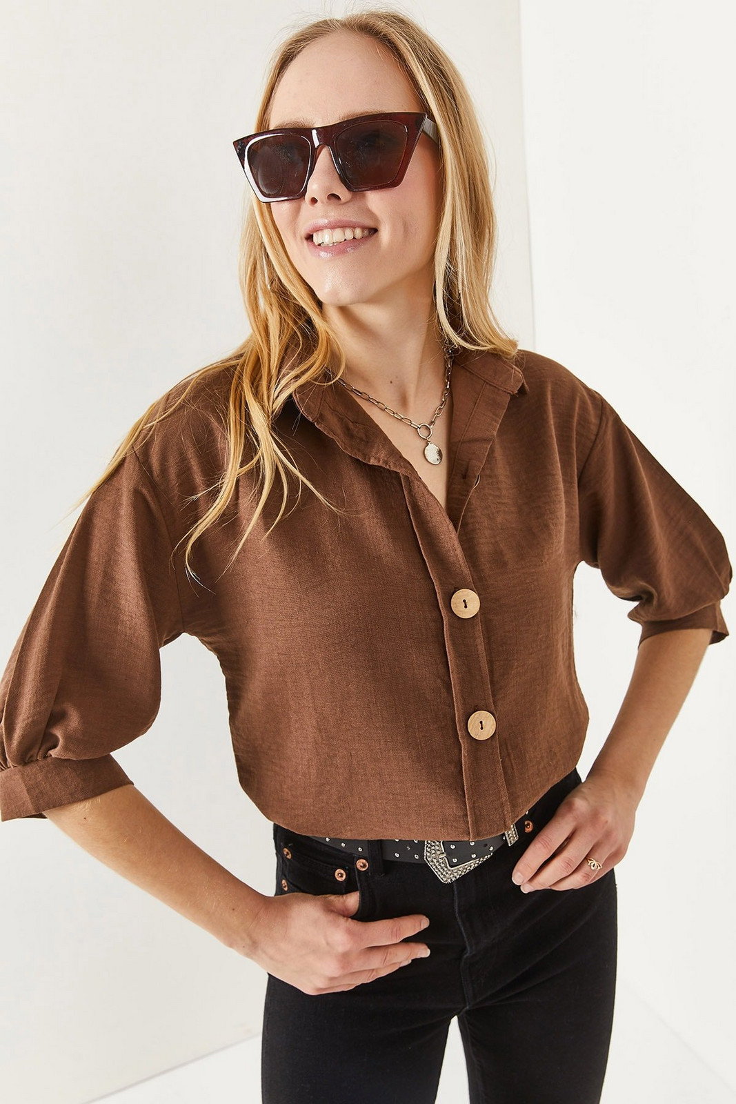 Olalook Women's Dark Brown Wooden Buttoned Three Quarter Sleeve Linen Shirt