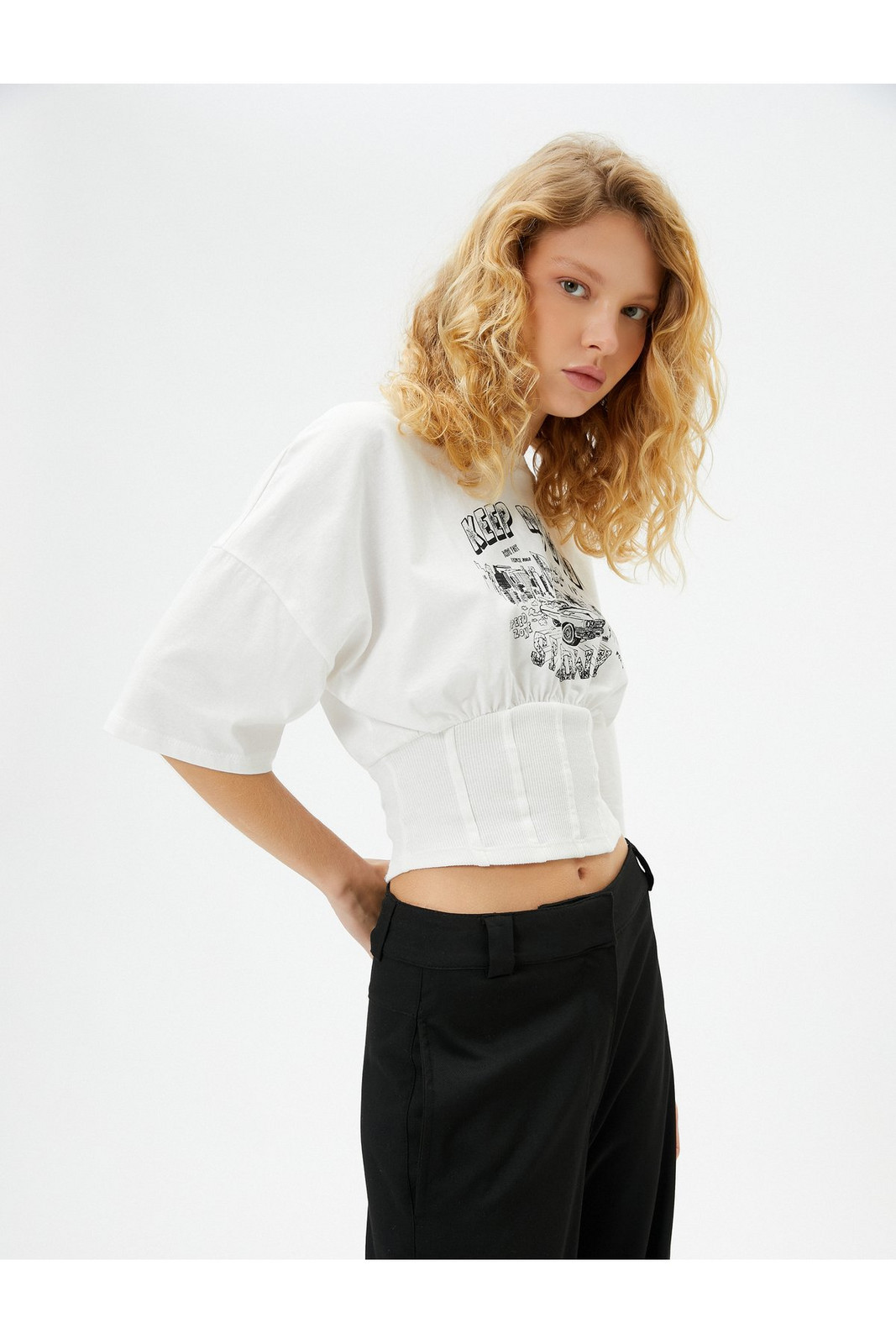 Koton Corset Detailed T-Shirt Short Sleeve Crew Neck Printed Cotton