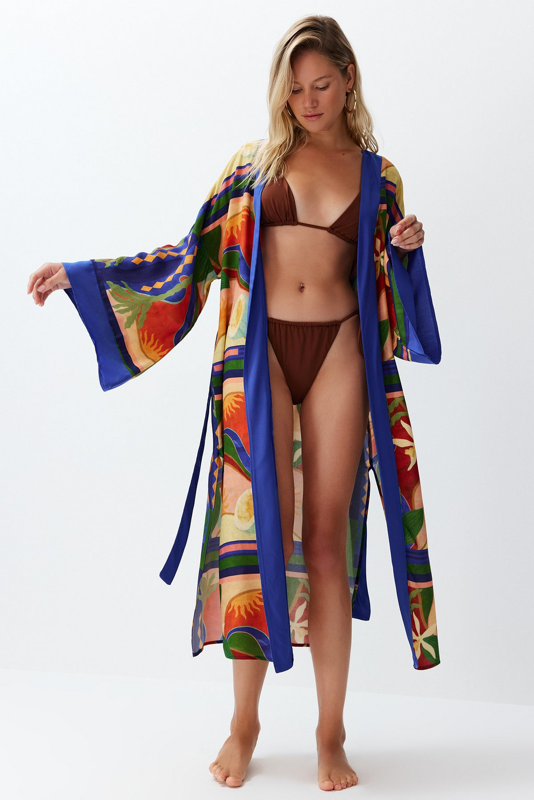 Trendyol Abstract Pattern Belted Maxi Woven Kimono & Kaftan