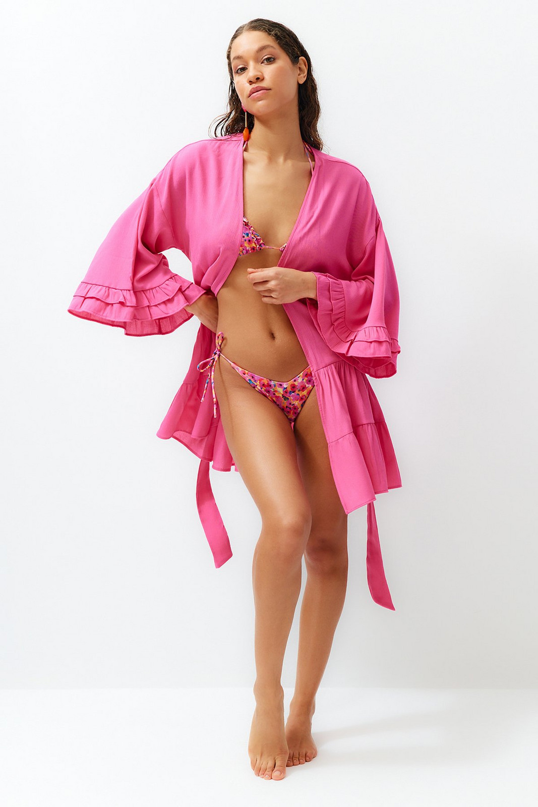 Trendyol Black Belted Mini Woven Frilly Kimono & Kaftan