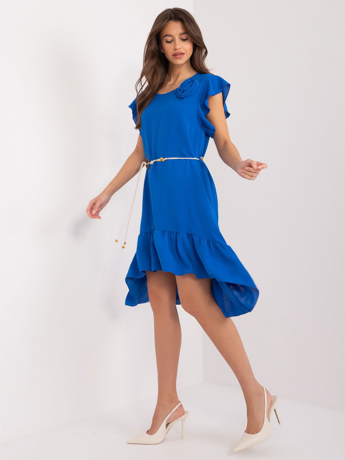Cobalt blue dress with ruffles and flower