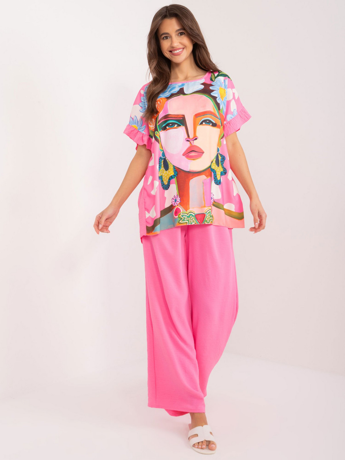 Pink women's summer set with ruffles