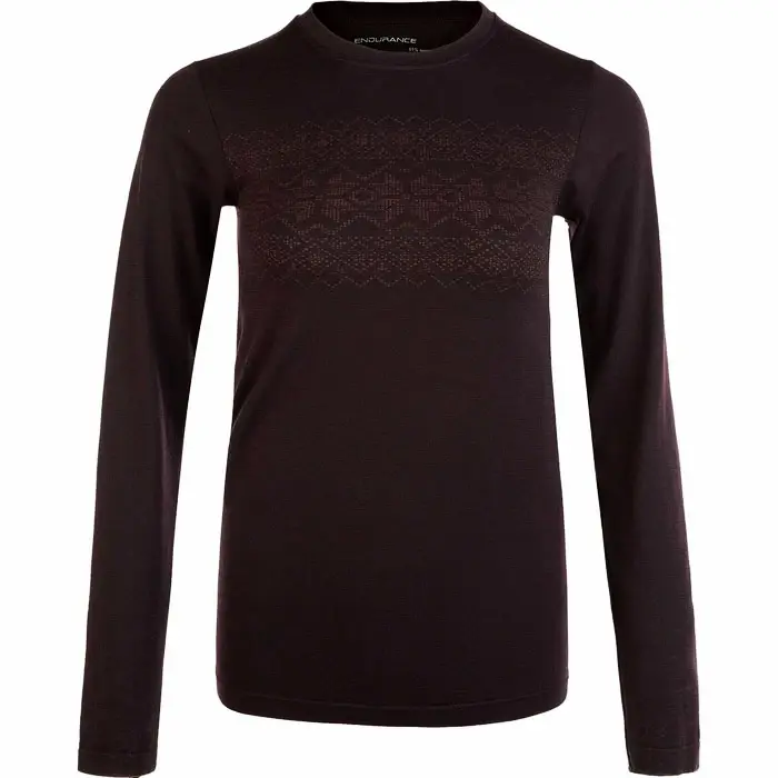 Women's Endurance T-Shirt Yalia Seamless Wool Print LS Baselayer Dark Purple, L/XL