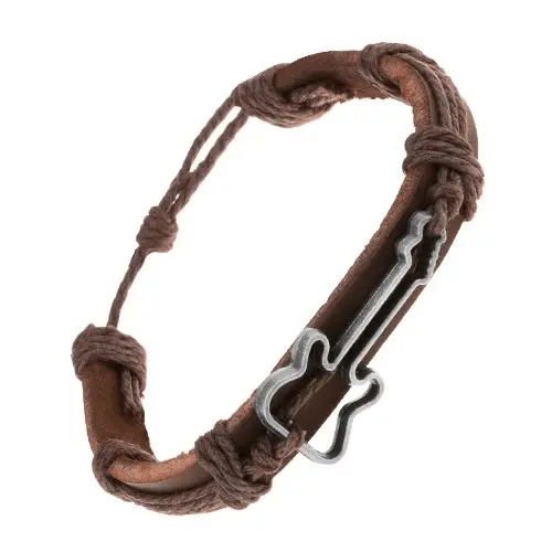 Tmavohnedý náramok z kože a šnúrok, vyrezávaný obrys gitary